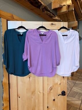 SET OF 3 Maurices Atwood 3/4 sleeve Popover Blouse, Size M, Teal, Lilac & Cream